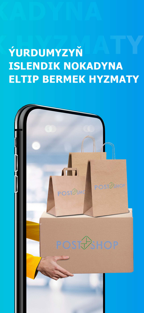 PostShop - Smartphone screen featuring PostShop branded bags and delivery box with Turkmen text
