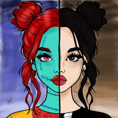 realistic girl with two buns in hair and lips