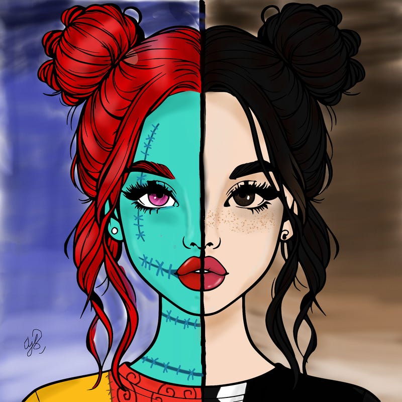 realistic girl with two buns in hair and lips