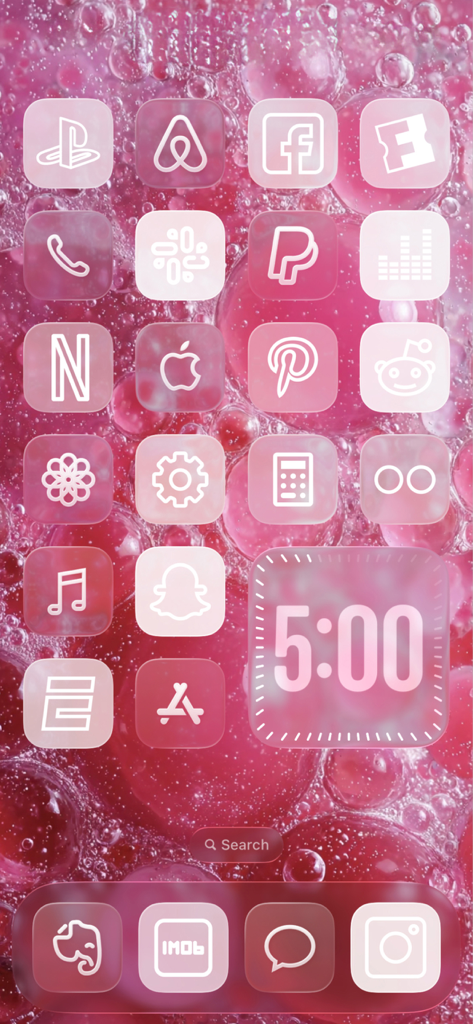 App Themes: Icon Widgets Kit - 미적 핑크 iPhone 홈 화면 설정으로 사용자 정의 흰색 아이콘과 큰 디지털 시계 위젯이 있습니다.