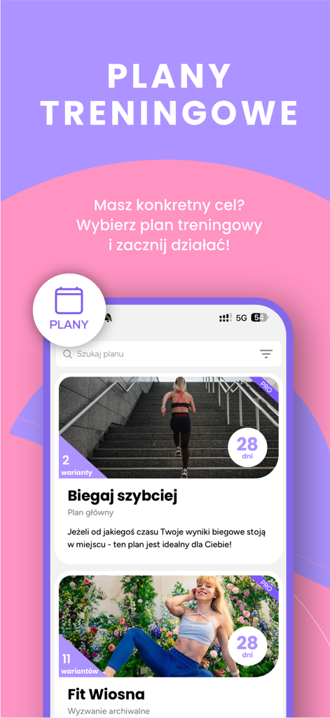 Codziennie Fit - Mobile app screen showing structured 28-day training plans for running and seasonal fitness challenges.