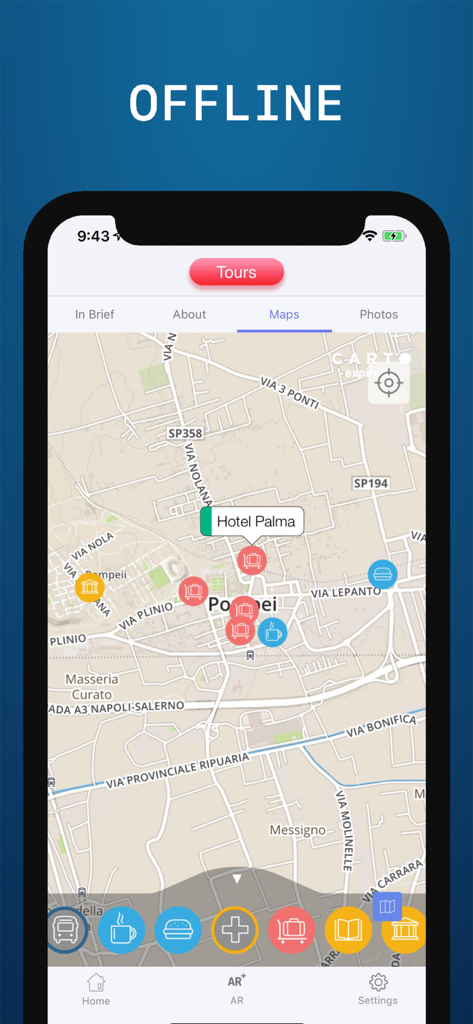Mapa sin conexión de la aplicación Guía de Viaje de Pompeya mostrando hoteles y cafeterías locales