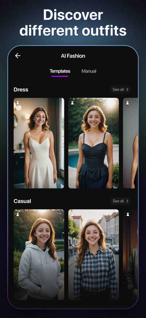 AI Boost app interface showcasing the AI Fashion feature with various dress and casual outfit templates for virtual try on
