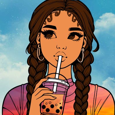 realistic girl with braided hair drinking boba