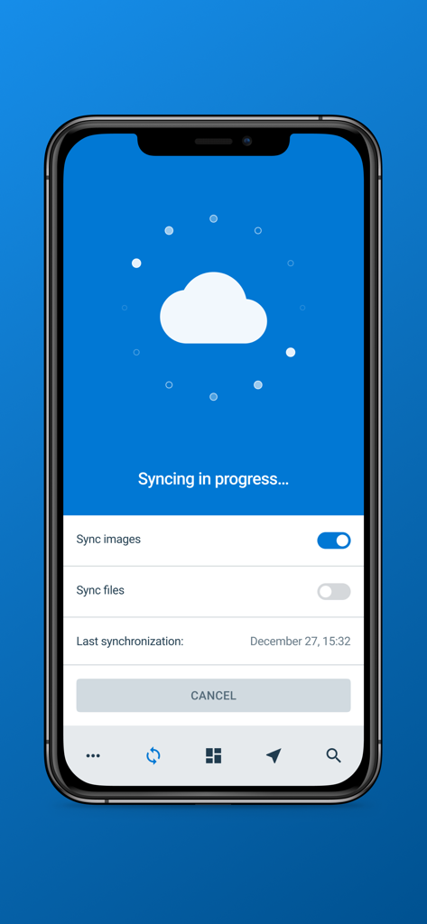 Aplicación móvil Smartup ERP que muestra la sincronización de datos en curso con un icono de nube
