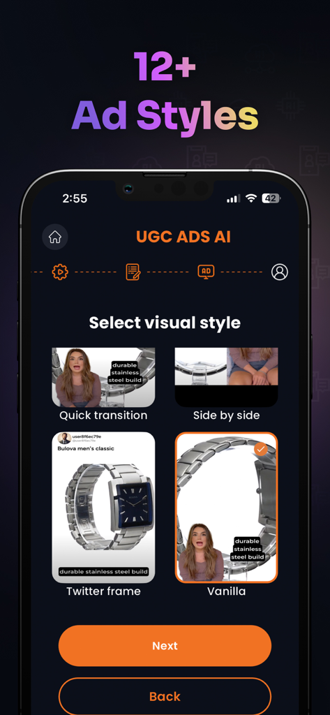 UGC Ads AI - UGC Ads AI app interface showing multiple video ad visual style options like Twitter frame and Side by side