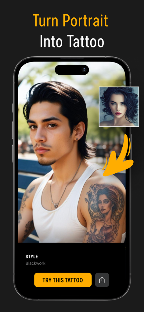 AI Tattoo Generator - The INK - Interfaz de la aplicación AI Tattoo Generator que muestra un tatuaje de retrato de blackwork en el hombro de un hombre generado a partir de una foto de referencia
