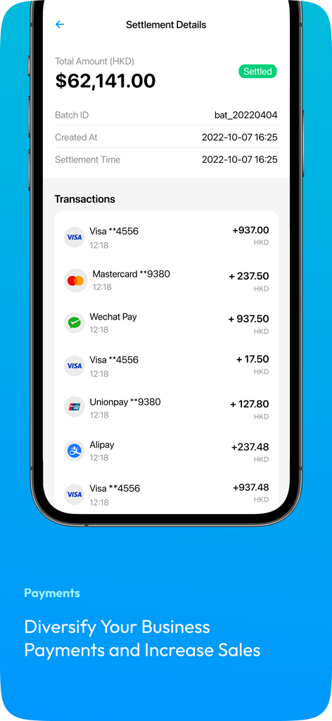 Wonder - Business Account - Wonder Business Account settlement screen showing a summary of transactions from various payment methods including cards and digital wallets