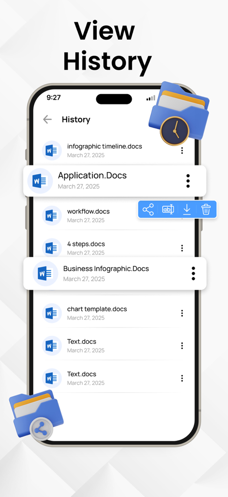 PDFからWordへのアプリの文書変換履歴画面。