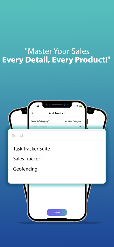 Sales-Tracker - Sales-Tracker app interface showing the add product screen with a category selection dropdown menu including options like task tracker suite and geofencing.