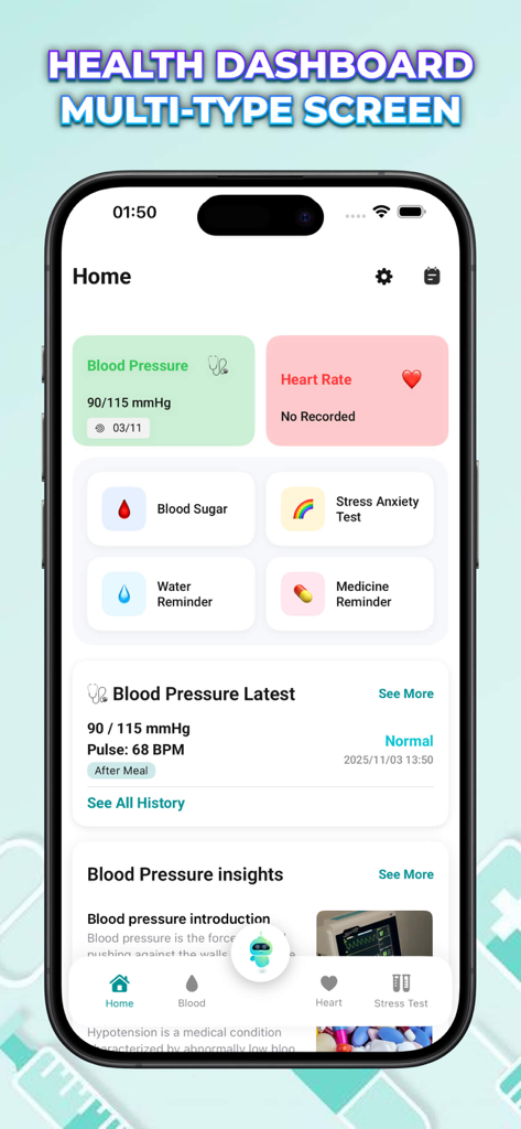 Vitaria: Blood Tracker - Tableau de bord de santé de l'application Vitaria montrant la tension artérielle, la fréquence cardiaque et les catégories de suivi de santé unifiées