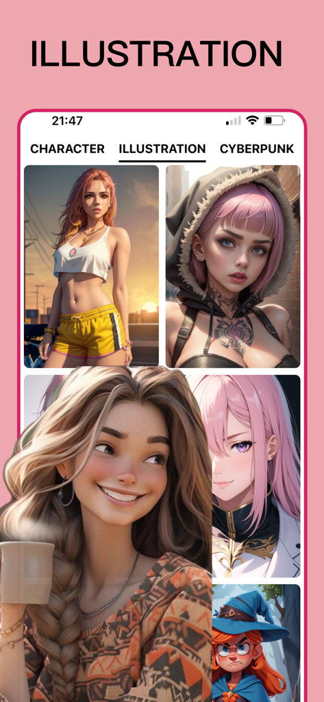 Interface do aplicativo AIArt mostrando várias ilustrações de personagens femininas geradas por IA em um layout de galeria