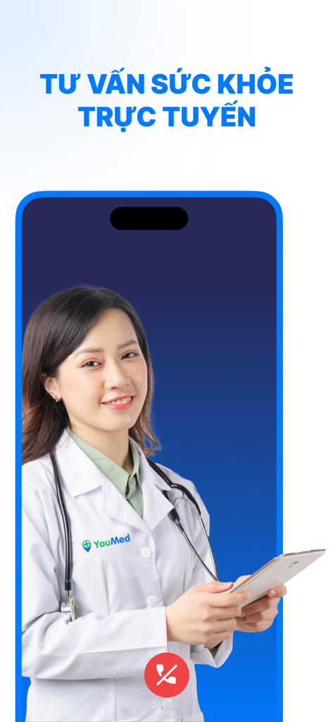 YouMed - Ứng dụng đặt khám - Una dottoressa in camice bianco tiene in mano un tablet per una consulenza medica online su uno schermo di smartphone.