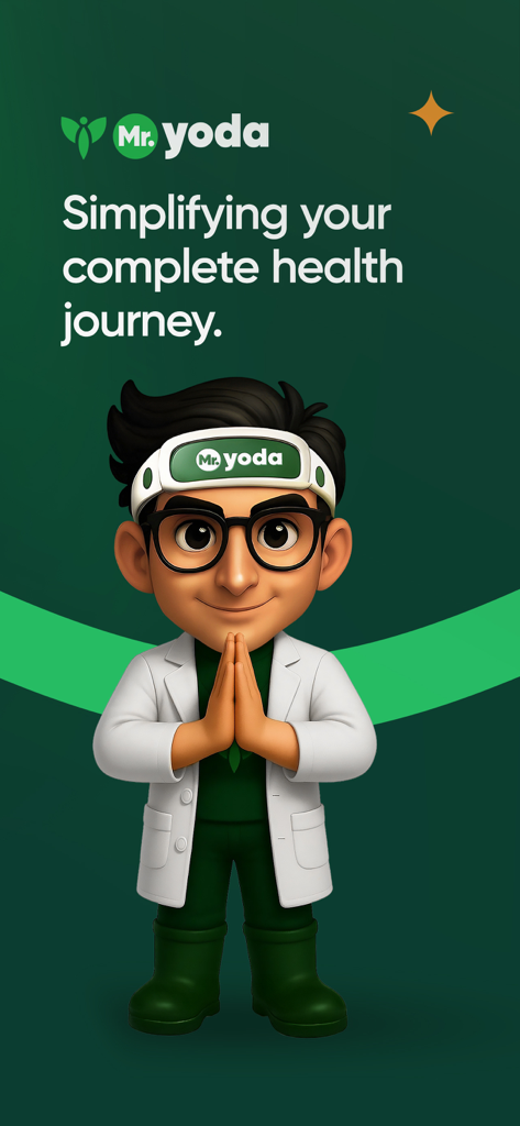 Mr. Yoda - Mr. Yoda app splash screen with a 3D doctor character making a namaste gesture