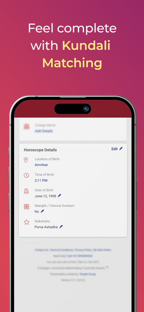 Pantalla de la aplicación Matrimonio Punjabi que muestra detalles del horóscopo para el emparejamiento de Kundali