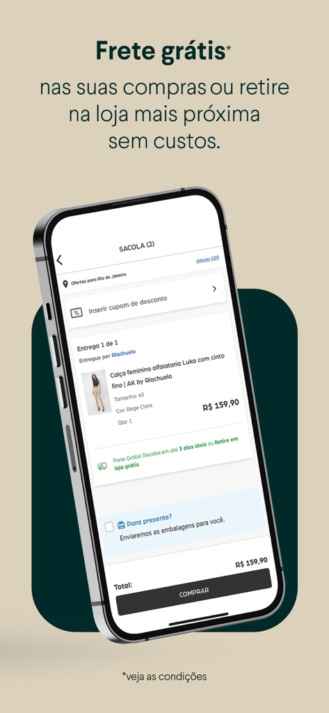 Riachuelo - Roupas e compras - Captura de pantalla de la bolsa de compras de la app Riachuelo que muestra una prenda de vestir y una oferta de envío gratuito.