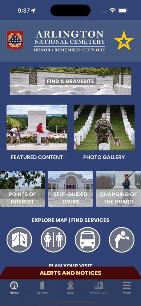 ANC Explorer - ANC Explorer mobile app home screen showing menu options for finding gravesites and self-guided tours at Arlington National Cemetery