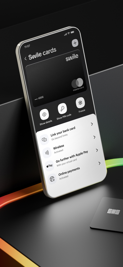 Smartphone screen showing Swile card management interface with a digital Mastercard and security options