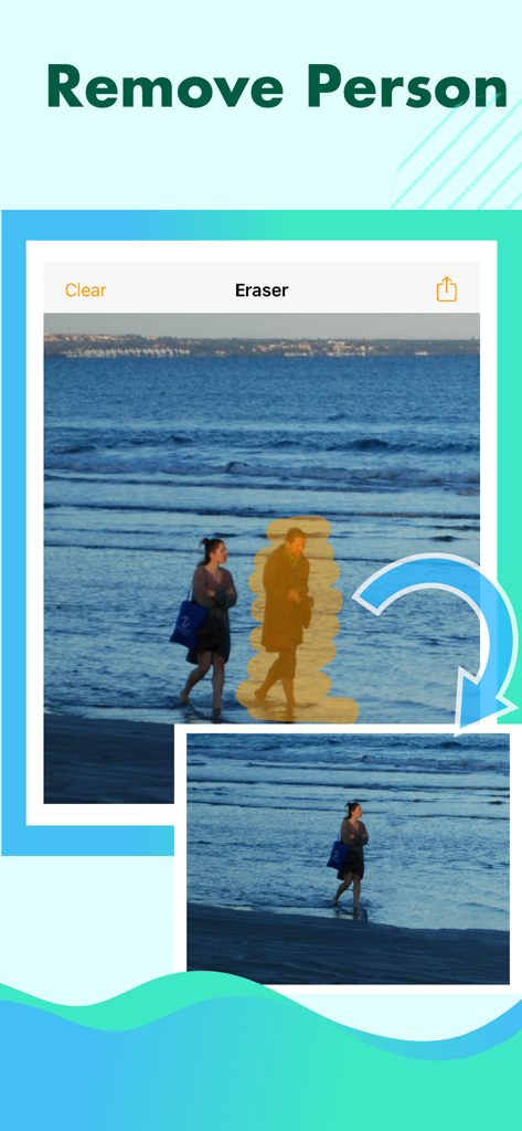 앱 스크린샷으로 해변 사진에서 사람을 제거하는 전후 비교를 보여줍니다.