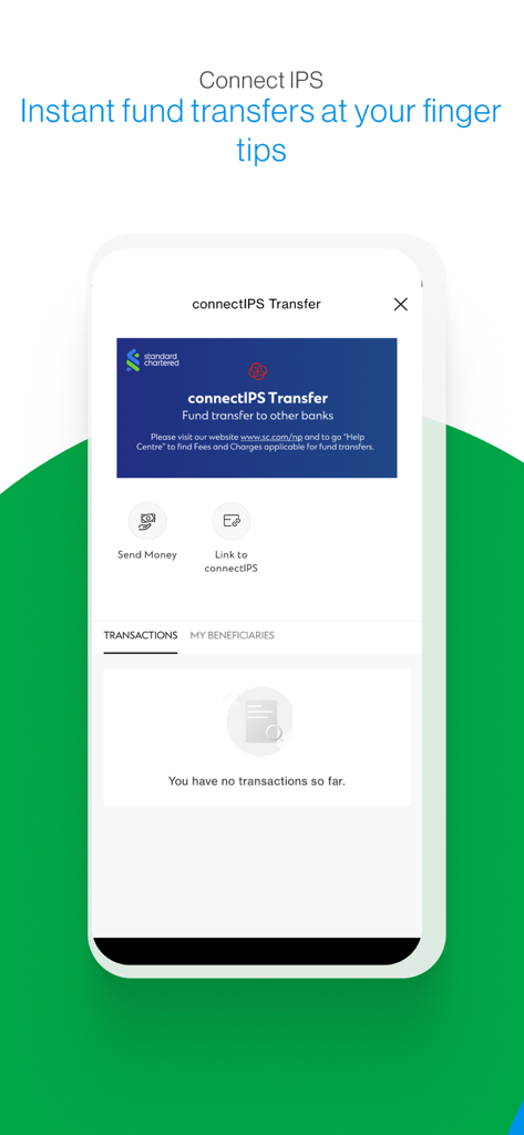Interfaz de la aplicación SC Mobile Nepal para transferencias de fondos instantáneas connectIPS.