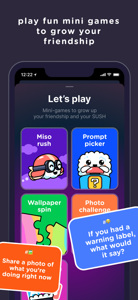 Interface of the SUSH app showing a selection of mini games and social prompts for friends