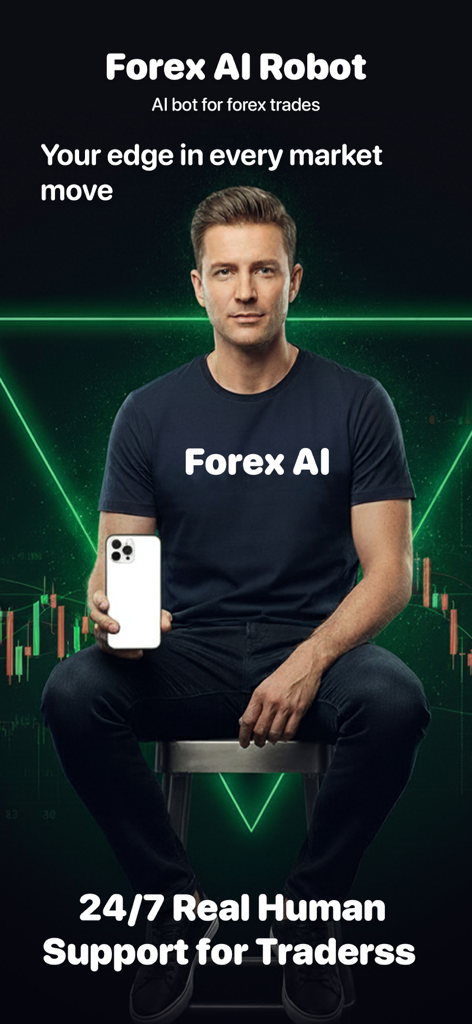 Forex AI Robot - Pantalla promocional de Forex AI Robot mostrando a un hombre con un smartphone y un fondo de gráfico de mercado