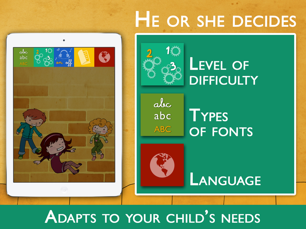 Teach Me to Read with Lucia - Promotional graphic for Lucia reading app highlighting difficulty levels font types and language settings