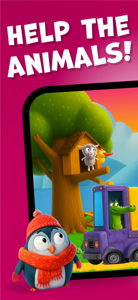 Rescue: Toddler games for kids - Educational game screen showing cartoon animals including a penguin, a sheep in a treehouse, and a crocodile in a truck
