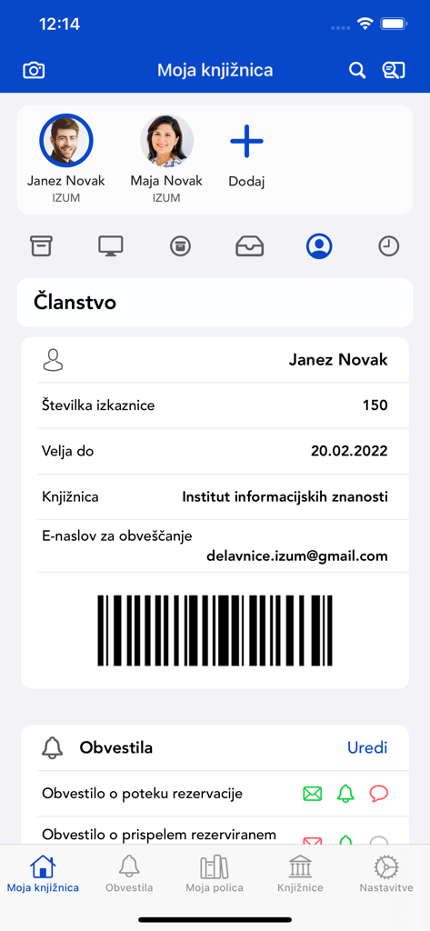 mCOBISS - A mobile screen from the mCOBISS app displaying a user membership card with a scanable barcode.