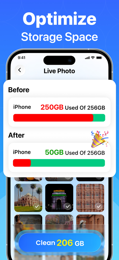 AI Storage Optimizer App - Comparación antes y después de la optimización del almacenamiento del iPhone que muestra 206 GB de espacio liberado.