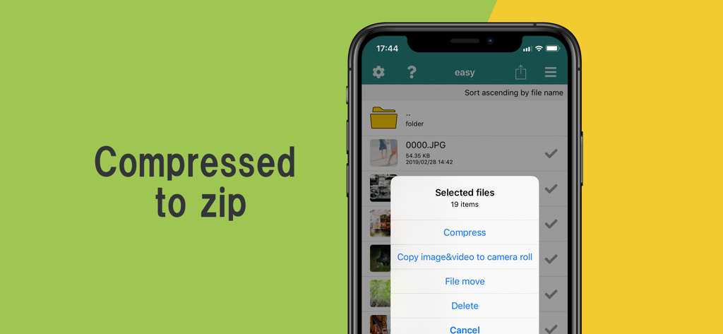 Easy zip - Manage zip/rar file - Écran d'iPhone montrant l'application Easy zip avec un menu pour compresser plusieurs fichiers sélectionnés