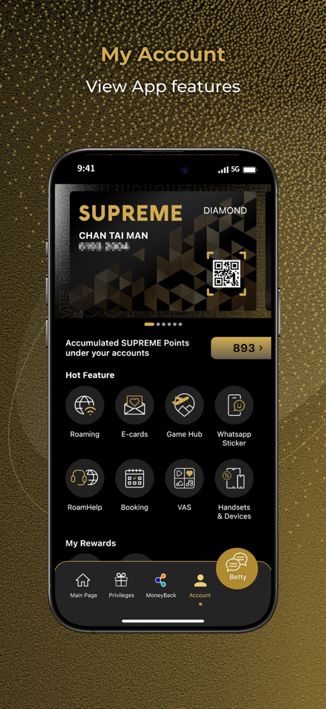 SUPREME from HTHK app account page displaying a diamond membership card and service features