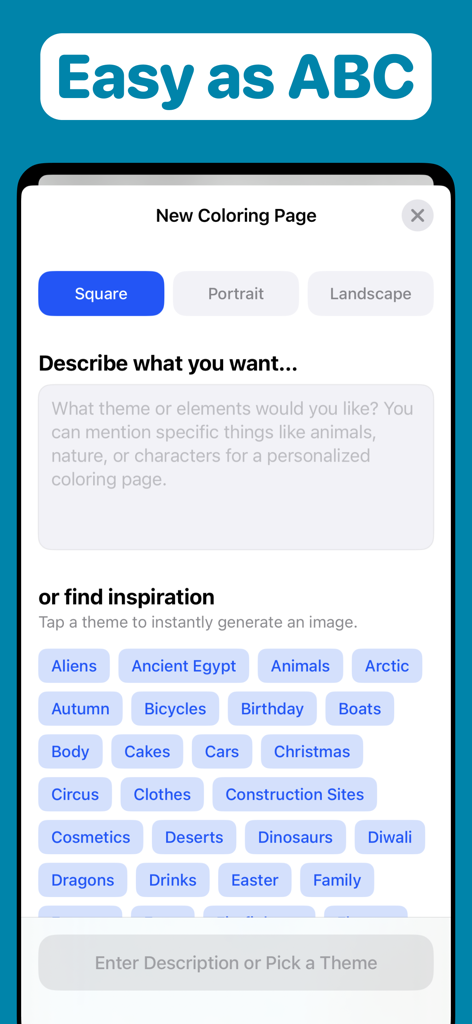 Coloring Page Generator AI - App interface for generating custom coloring pages using AI prompts or themes