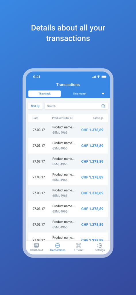 Digistore24 mobile app interface displaying a detailed list of transactions and earnings.