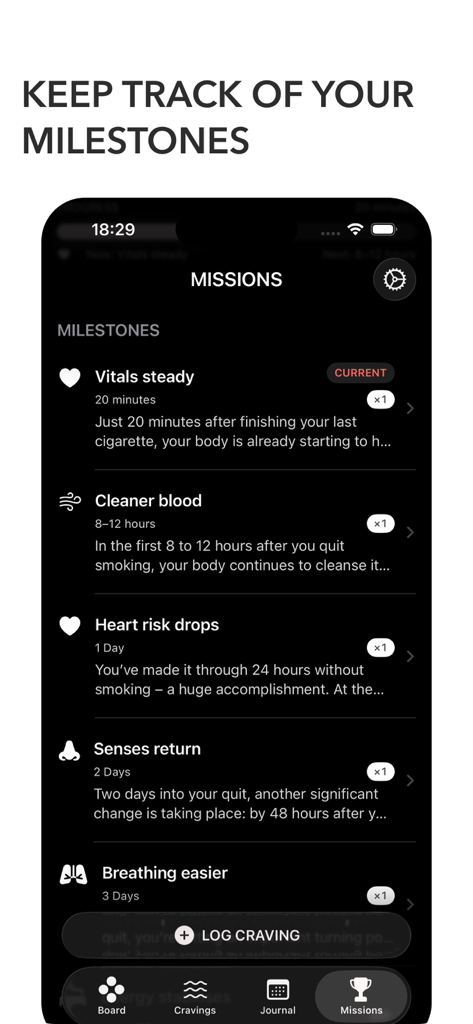 Health milestones and progress tracking screen in the Eleos quit smoking app.