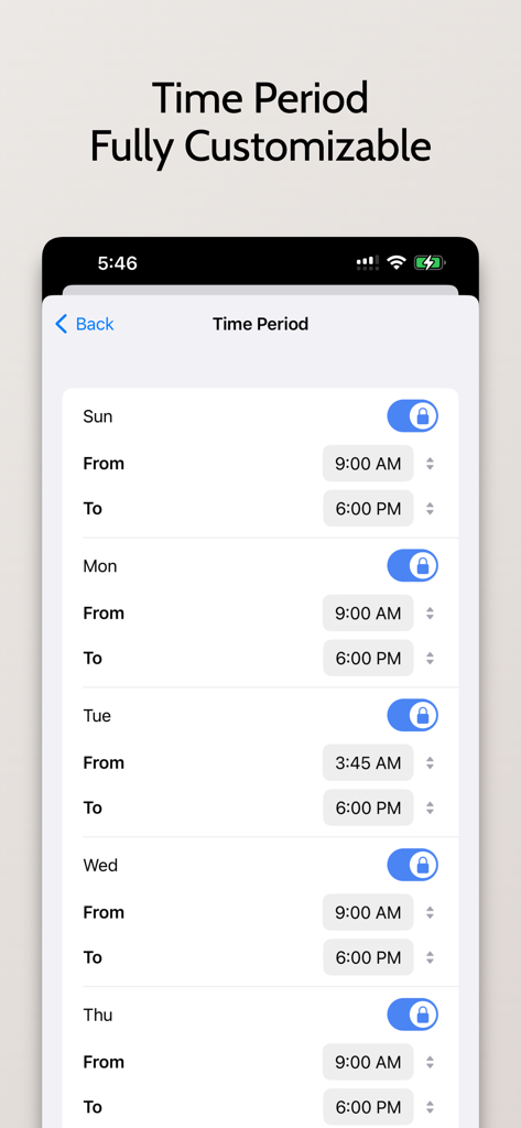 XLocker - Screen Time Control - Interface of XLocker app showing daily schedule settings for screen time control and app locking.