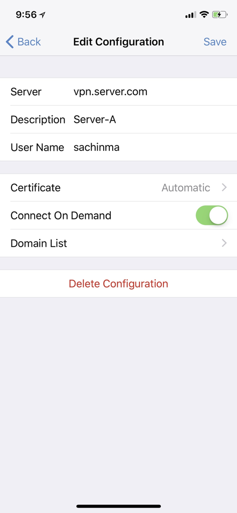 Pantalla de edición de configuración de Citrix Secure Access que muestra el servidor VPN y los detalles del usuario