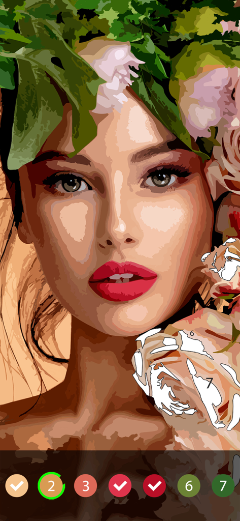 A realistic digital oil painting portrait of a woman being colored by number in the ColorPlanet app.