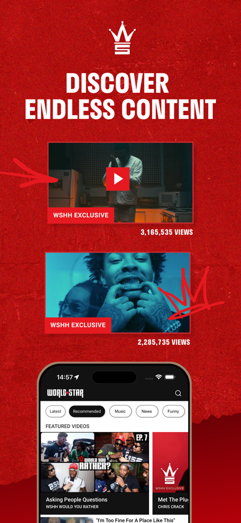 Worldstar HipHop app interface showing viral videos and news content categories