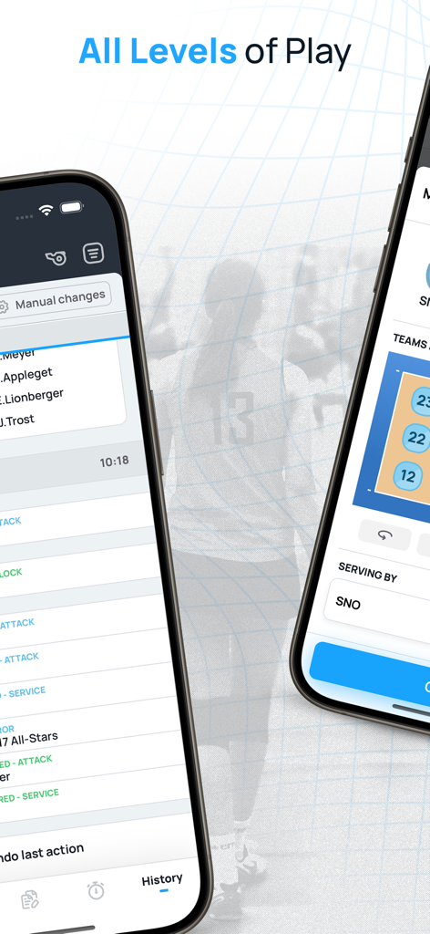 VolleyStation Score - 경기 기록 및 코트 포지션을 보여주는 VolleyStation Score 앱 화면