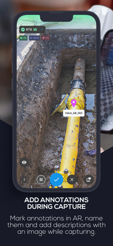 PIX4Dcatch: 3D scanner - Smartphone screen showing PIX4Dcatch app adding an AR annotation to a pipe in a construction trench