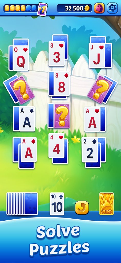 Solitaire Showtime - Solitaire Showtime gameplay showing playing cards on a garden background with the text Solve Puzzles.