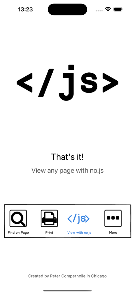 Interface of the No JS app showing the share sheet integration to disable JavaScript on iOS Safari