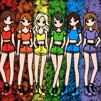a group of girls wearing crop tops and shorts