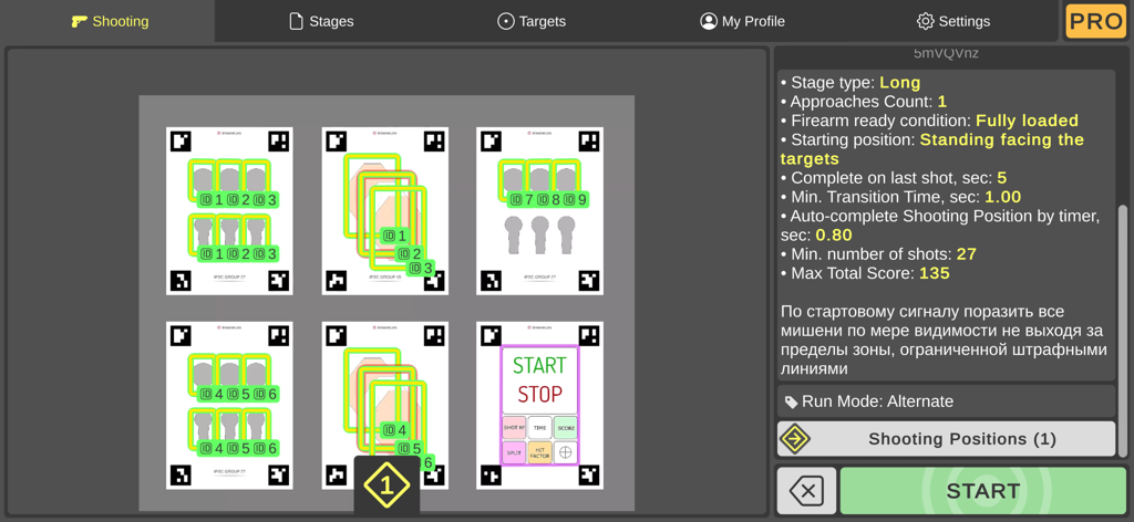 Shooting stage configuration interface in iShooter Mobile showing target layouts and training metrics