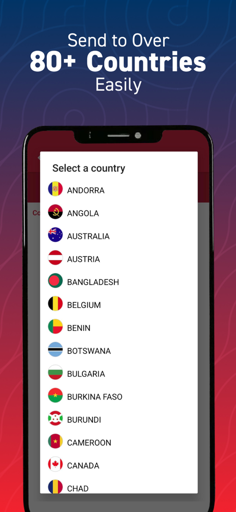 Hello Paisa - Hello Paisa mobile app showing a list of over 80 countries for international money transfer with country flags.