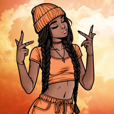 realistic teenage girl with braids and a beanie and crop top doing 🫶🏼