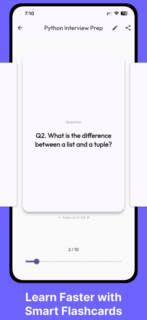 AI Flashcards - Smart Study - AI Flashcards mobile app interface showing a Python interview preparation card with a question about lists and tuples