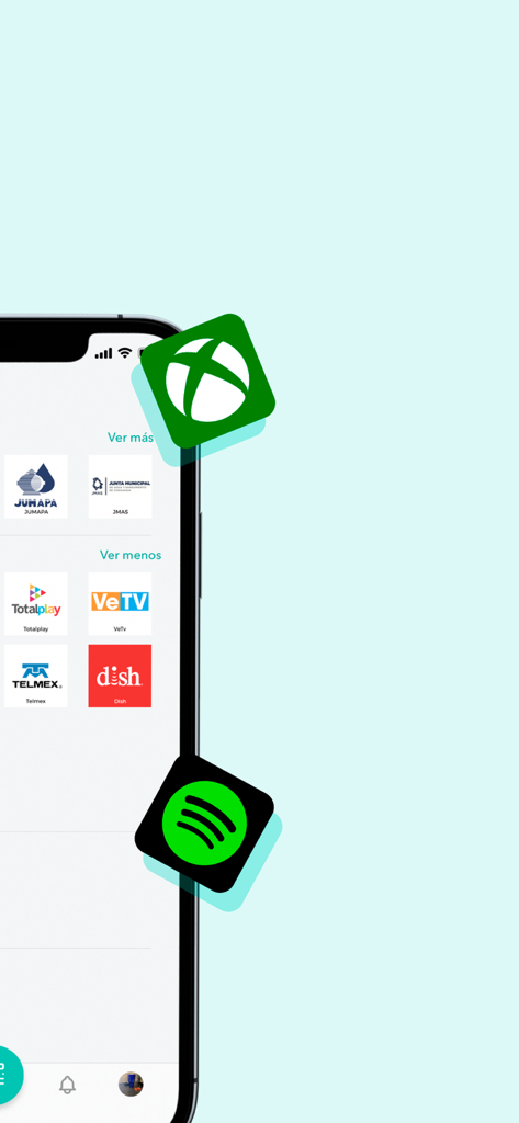 Todito - Todito app interface showing utility bill payment options for Mexican service providers like Telmex and Dish alongside Xbox and Spotify icons.