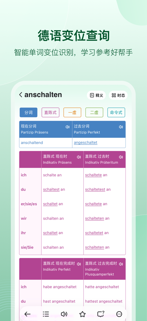 德语助手 Dehelper德语词典翻译工具 - German verb conjugation table for the verb anschalten in the Dehelper app interface